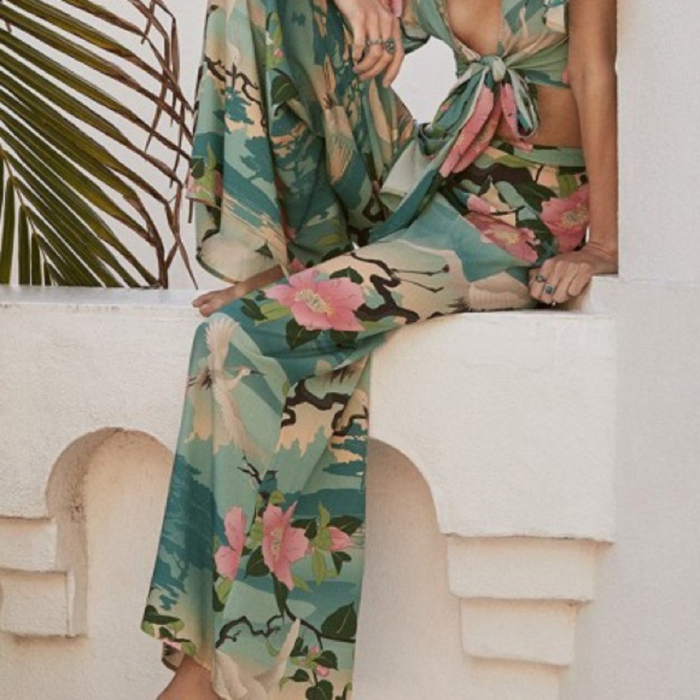 Flowy Wide Leg PANTS Nightingale Teal Floral - Picture 2 of 7